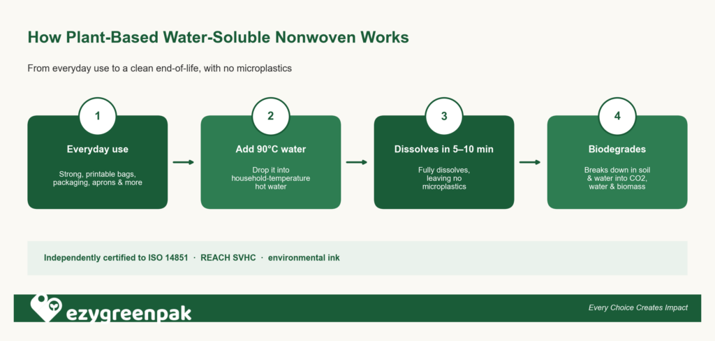 How plant-based water-soluble nonwoven works: stays strong and printable in everyday use, dissolves in 90C water within 5 to 10 minutes, then biodegrades in soil and water